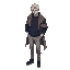 anime muscular male character, messy middle-part silver hair, athletic body, dark blue sweatshirt, oversized coat draped over shoulders, light gray pants, dark gray shoes.