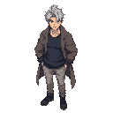 anime muscular male character, messy middle-part silver hair, athletic body, dark blue sweatshirt, oversized coat draped over shoulders, light gray pants, dark gray shoes.