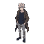 anime male character, messy middle-part silver hair, athletic body, dark blue sweatshirt, oversized coat draped over shoulders, light gray pants, dark gray shoes.