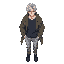 anime male character, messy middle-part silver hair, athletic body, dark blue sweatshirt, oversized coat draped over shoulders, light gray pants, dark gray shoes.