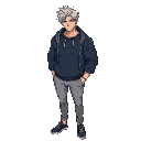 anime muscular male character, messy middle-part silver hair, athletic body, dark blue sweatshirt, oversized the jacket is droped on shoulder showing the sweat and the shoulders., light gray pants, dark gray shoes.