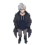 anime muscular male character, messy middle-part silver hair, athletic body, dark blue sweatshirt, oversized coat draped over shoulders, light gray pants, dark gray shoes.