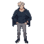 anime muscular male character, messy middle-part silver hair, athletic body, dark blue sweatshirt, oversized jacket is draped on shoulder showing the sweat and the shoulders., light gray pants, dark gray shoes.
