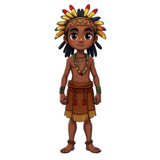 um jovem indígena brasileiro de aproximadamente 20 anos, com pele morena, olhos castanhos intensos e cabelos longos e lisos presos com tiras de palha. ele veste um cocar colorido com penas de arara e veste uma tanga tradicional feita de fibras naturais, a