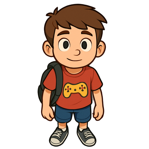 a 12-year-old boy with short brown hair and light skin, wearing a casual american student outfit — a graphic t-shirt, denim shorts, and sneakers. he has a backpack slung over one shoulder and holds a 