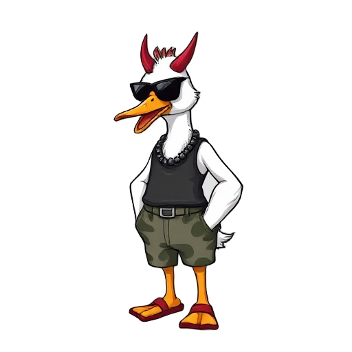 a white-feathered gangster duck with red horns, black sunglasses, a toothpick in beak, tank top, beaded necklace, long camo shorts hiding legs, hands in pockets, and red slide sandals.