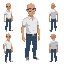 a bald man with glasses, wearing a short-sleeve white shirt and blue skinny jeans.