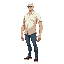 a bald man with glasses, wearing a short-sleeve white shirt and blue skinny jeans.