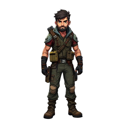modern post-apocalyptic survivor character in idle pose, rugged and battle-worn with torn clothing, tactical gear, and scavenged armor.