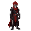 lean warrior in dark steel armor over leather, red scarf, torn crimson waist cloth, tattered cape, steel mask with no eyes, wild crimson spiked hair, sword held low by his side.