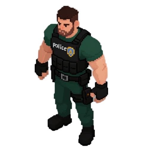 simple pixel art character, top-down game sprite, 2d survival horror style. male police officer named allan gomes, athletic build, short dark brown hair, light stubble. wearing dark green tactical uniform with black vest, small visible “police” patch, min