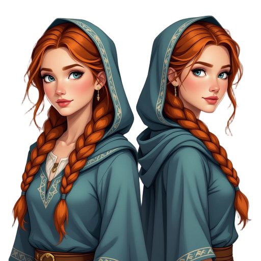 a young woman with long, loosely braided red hair and a slight, athletic build. she has a serious demeanor and striking beauty in a slate blue tunic with subtle pottery-inspired embroidery. use a painterly fantasy aesthetic. she also wears a misty grey ho