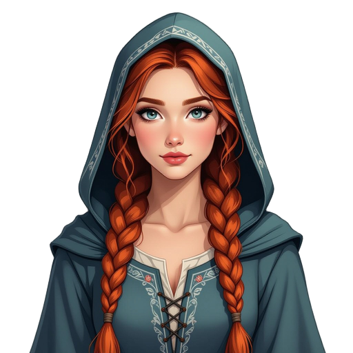 a young woman with long, loosely braided red hair and a slight, athletic build. she has a serious demeanor and striking beauty in a slate blue tunic with subtle pottery-inspired embroidery. use a painterly fantasy aesthetic. she also wears a misty grey ho