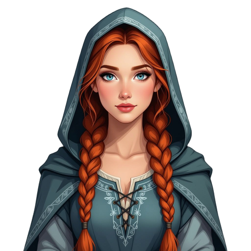 a young woman with long, loosely braided red hair and a slight, athletic build. she has a serious demeanor and striking beauty in a slate blue tunic with subtle pottery-inspired embroidery. use a painterly fantasy aesthetic. she also wears a misty grey ho