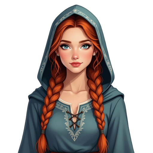 a young woman with long, loosely braided red hair and a slight, athletic build. she has a serious demeanor and striking beauty in a slate blue tunic with subtle pottery-inspired embroidery. use a painterly fantasy aethetic. she also wears a misty grey hoo