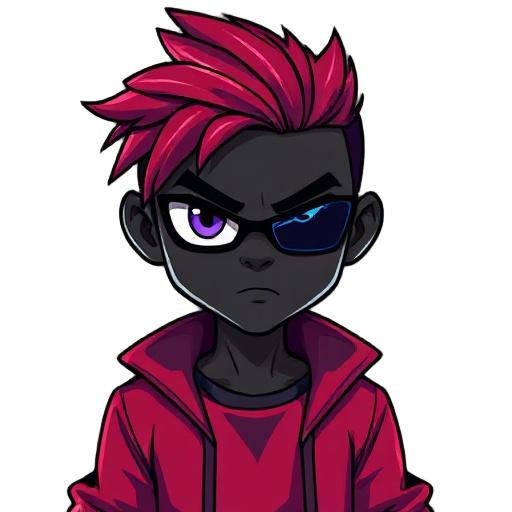 quero um personagem negro estilo cyberpunk cabelo roxo camiseta vermelha e calça azul