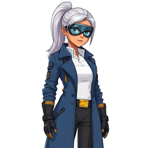 character: 35-year-old woman, light brown skin, silver hair in a high ponytail, single-bar futuristic visor, tactical gravity-control gloves, blue-gray long coat, white shirt, yellow tactical dia