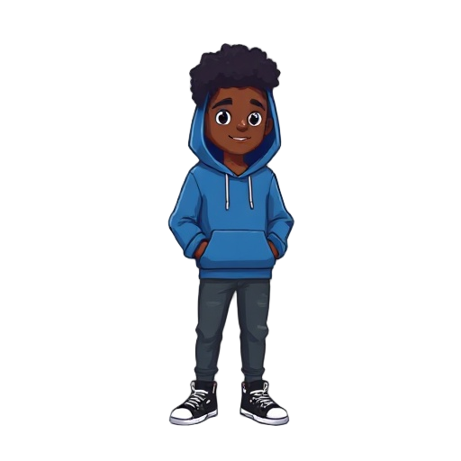 create a pixelated african american teenager wearing a blue hoodie and black sneakers