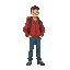 man in red jacket and blue pants, with delivery backpack