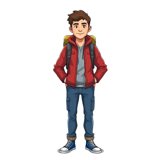 man in red jacket and blue pants, with delivery backpack