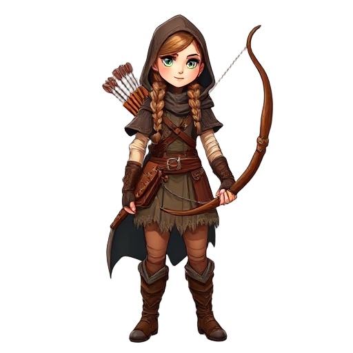 a medieval female archer character, wearing a leather tunic, cloak with a hood, and a quiver of arrows on her back. she has long braided hair, a determined look, and holds a wooden longbow. the style is detailed fantasy illustration, full-body, standing p