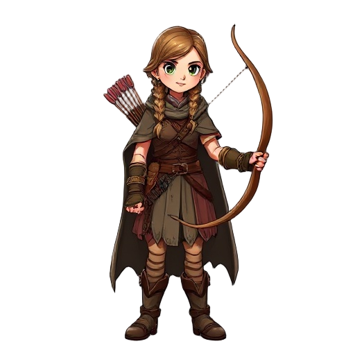 a medieval female archer character, wearing a leather tunic, cloak with a hood, and a quiver of arrows on her back. she has long braided hair, a determined look, and holds a wooden longbow. the style is detailed fantasy illustration, full-body, standing p