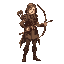 a medieval female archer character, wearing a leather tunic, cloak with a hood, and a quiver of arrows on her back. she has long braided hair, a determined look, and holds a wooden longbow. the style is detailed fantasy illustration, full-body, standing p