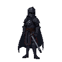 medieval knight in very dark armor, dark cape, viewed from side