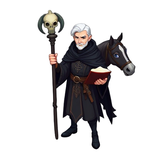 a black mage, white male, medium hair, mid-age, with black capes a staff with a skull in the top and a book in the other hand, he has a horse in his side wich eyes are blue
