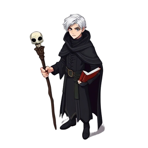 a black mage, white male, medium hair, young age, dark style, with black capes and a staff with a skull in the top and a book in the other hand, obscure art, like darkest dungeon