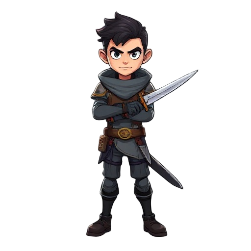 crie um personagem justiceiro com espadas nas costas e uma arma na mão