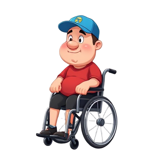 short fat guy wearing red tshirt and blue cap sitting on wheel chair 