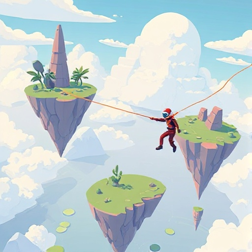 travel between floating islands using a glide suit and an energy grapple line.
