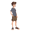 side view of a young man wearing shorts, button up t-shirt, shorts 
