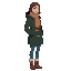 2d pixel side view young russian woman, wearing a dark green winter coat with hood, brown wool scarf, blue jeans and winter boots