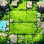 top-down view of stylized grassy terrain tiles for a city builder game. the main tile is lush green grass, with variations including wildflowers blooming over the grass, scattered natural stones, and 