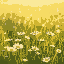animated scene showing a gentle breeze blowing through a field of wildflowers. the flowers sway softly in the wind, petals fluttering slightly, with tall grass moving rhythmically. warm sunlight, soft