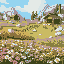 a serene natural landscape where colorful fields of wildflowers transition into areas with smooth stones and rustic wooden elements like fences and cabins, balanced composition, natural color palette,