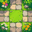 top-down view of stylized grassy terrain tiles for a city builder game. the main tile is lush green grass, with variations including wildflowers blooming over the grass, scattered natural stones, and 