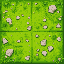 top-down view of stylized grassy terrain tiles for a city builder game. the main tile is lush green grass, with variations including wildflowers blooming over the grass, scattered natural stones, and 