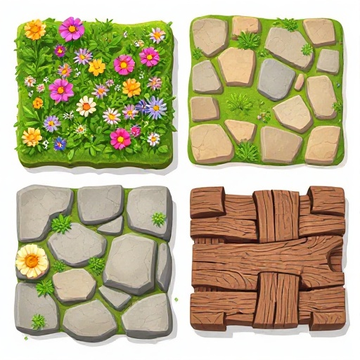 top-down view of stylized terrain tiles for a city builder game: one tile covered with colorful wildflowers, one with natural stone textures, and one with aged wooden planks or structures. seamless ed
