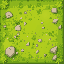 top-down view of stylized grassy terrain tiles for a city builder game. the main tile is lush green grass, with variations including wildflowers blooming over the grass, scattered natural stones, and 