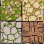 top-down view of stylized terrain tiles for a city builder game: one tile covered with colorful wildflowers, one with natural stone textures, and one with aged wooden planks or structures. seamless ed