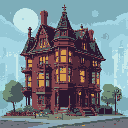 victorian house with a cyber punk city in the background