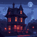 victorian house with a cyber punk city in the background, at night