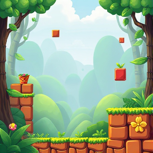 a background with platforms in the style of super mario bros, as if it were in a forest, and the blocks were leaves or flowers