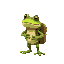 an exploring and curious frog with a backpack on his back