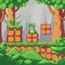 a background with platforms in the style of super mario bros, as if it were in a forest, and the blocks were leaves or flowers, with a character frog instead of mario