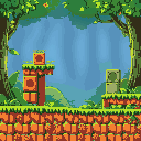 a background with platforms in the style of super mario bros, as if it were in a forest, and the blocks were leaves or flowers