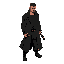 he is wearing black baggy pants and a long black trench coat. he has short hair and a stubble beard. he has a katana on his left side. his left arm and left eye are missing